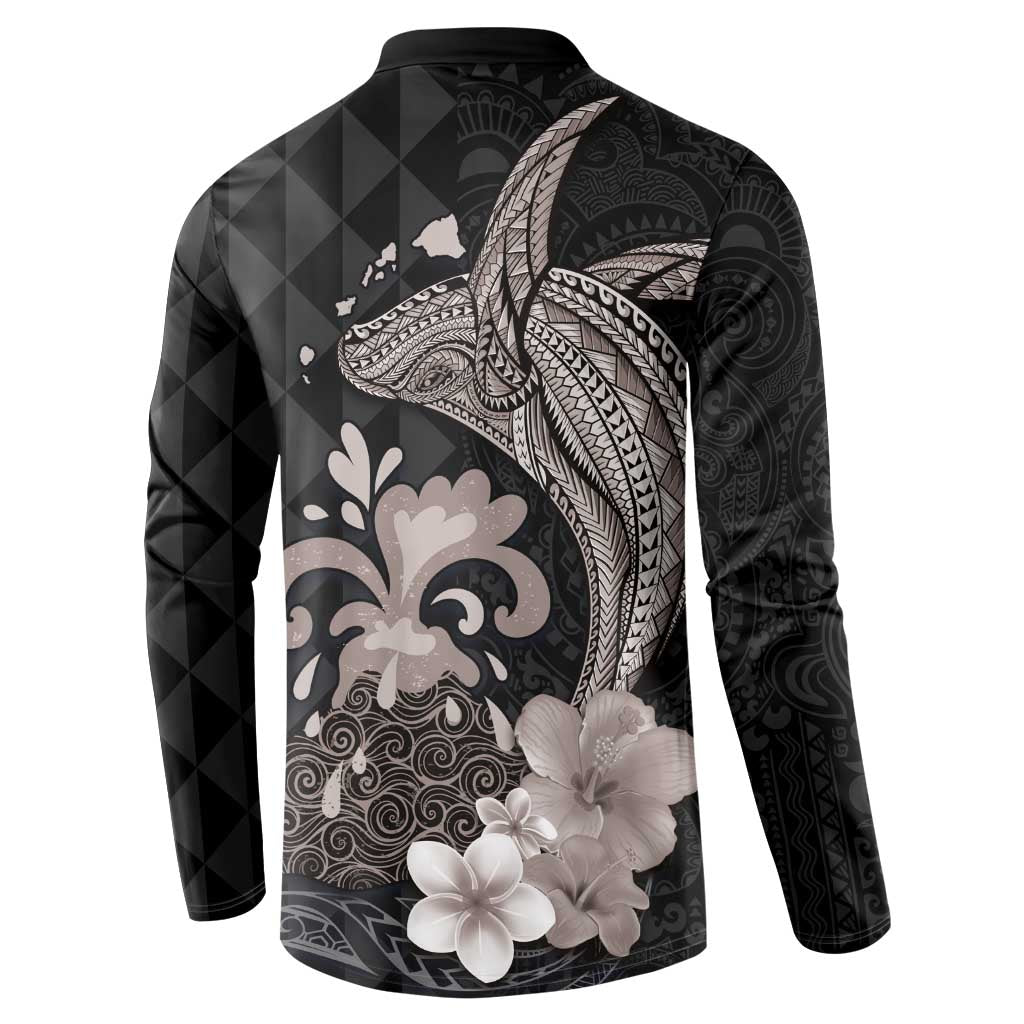 Hawaiian Whale and Volcanic Eruption Button Sweatshirt Hibiscus and Kakau Pattern Grayscale Color LT03 - Polynesian Pride