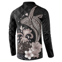 Hawaiian Whale and Volcanic Eruption Button Sweatshirt Hibiscus and Kakau Pattern Grayscale Color LT03 - Polynesian Pride