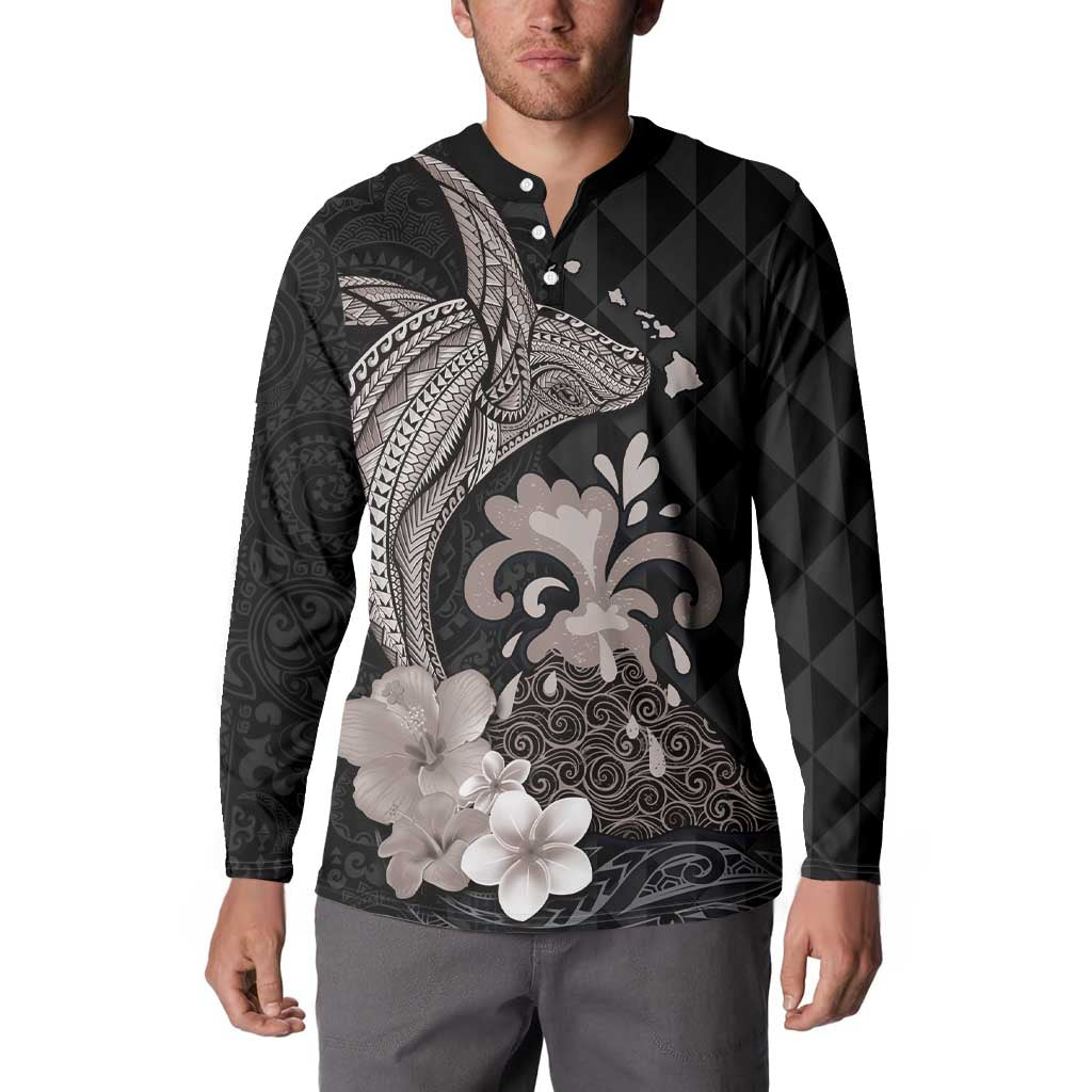 Hawaiian Whale and Volcanic Eruption Button Sweatshirt Hibiscus and Kakau Pattern Grayscale Color LT03 - Polynesian Pride