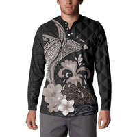 Hawaiian Whale and Volcanic Eruption Button Sweatshirt Hibiscus and Kakau Pattern Grayscale Color LT03 - Polynesian Pride