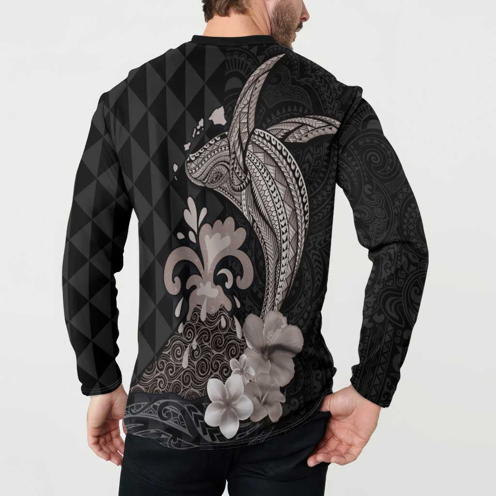 Hawaiian Whale and Volcanic Eruption Button Sweatshirt Hibiscus and Kakau Pattern Grayscale Color LT03 - Polynesian Pride