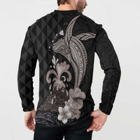 Hawaiian Whale and Volcanic Eruption Button Sweatshirt Hibiscus and Kakau Pattern Grayscale Color LT03 - Polynesian Pride
