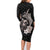 Hawaiian Whale and Volcanic Eruption Family Matching Long Sleeve Bodycon Dress and Hawaiian Shirt Hibiscus and Kakau Pattern Grayscale Color