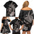 Hawaiian Whale and Volcanic Eruption Family Matching Off Shoulder Short Dress and Hawaiian Shirt Hibiscus and Kakau Pattern Grayscale Color