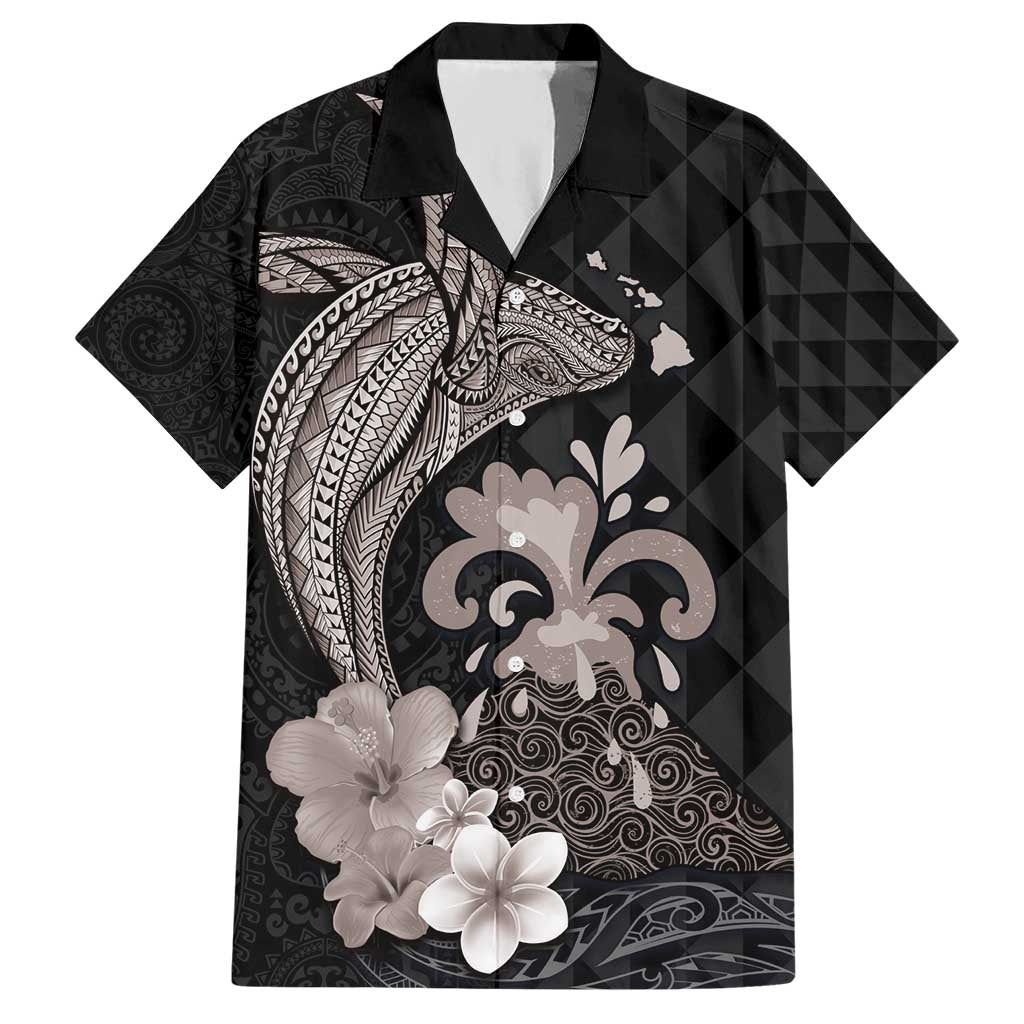 Hawaiian Whale and Volcanic Eruption Hawaiian Shirt Hibiscus and Kakau Pattern Grayscale Color LT03 Black - Polynesian Pride
