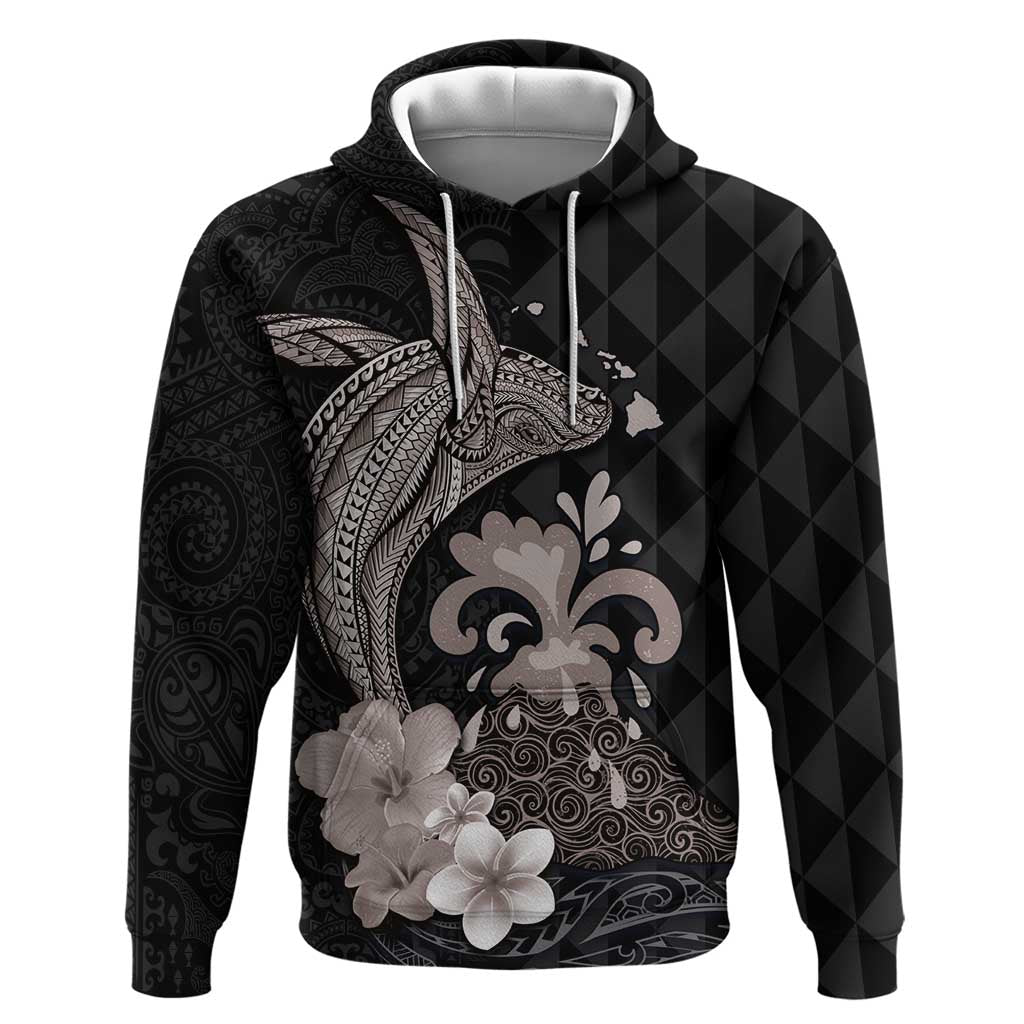 Hawaiian Whale and Volcanic Eruption Hoodie Hibiscus and Kakau Pattern Grayscale Color LT03 Pullover Hoodie Black - Polynesian Pride