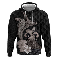 Hawaiian Whale and Volcanic Eruption Hoodie Hibiscus and Kakau Pattern Grayscale Color LT03 Pullover Hoodie Black - Polynesian Pride