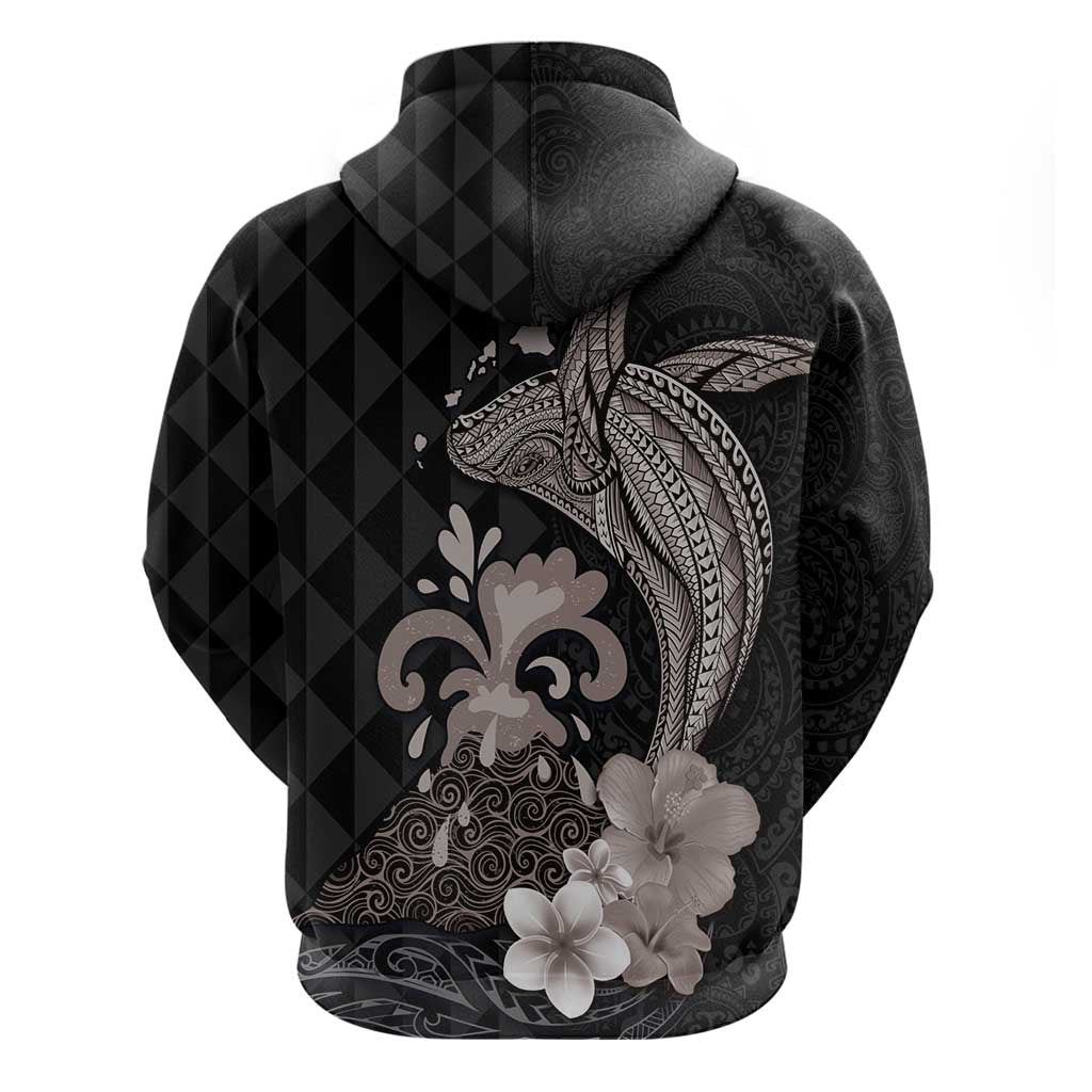 Hawaiian Whale and Volcanic Eruption Hoodie Hibiscus and Kakau Pattern Grayscale Color LT03 - Polynesian Pride