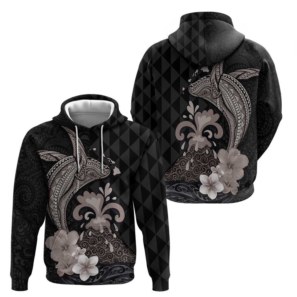 Hawaiian Whale and Volcanic Eruption Hoodie Hibiscus and Kakau Pattern Grayscale Color LT03 - Polynesian Pride