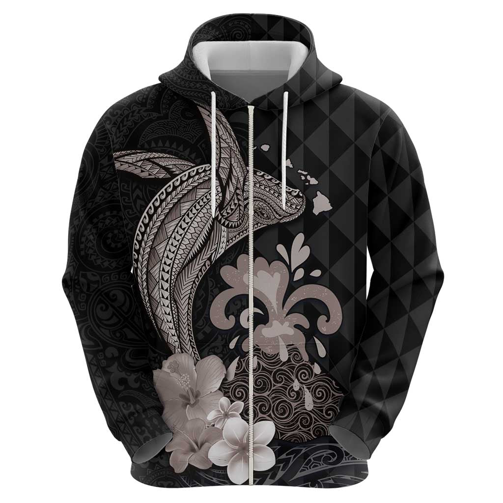 Hawaiian Whale and Volcanic Eruption Hoodie Hibiscus and Kakau Pattern Grayscale Color LT03 - Polynesian Pride