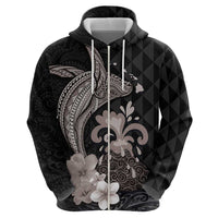 Hawaiian Whale and Volcanic Eruption Hoodie Hibiscus and Kakau Pattern Grayscale Color LT03 - Polynesian Pride