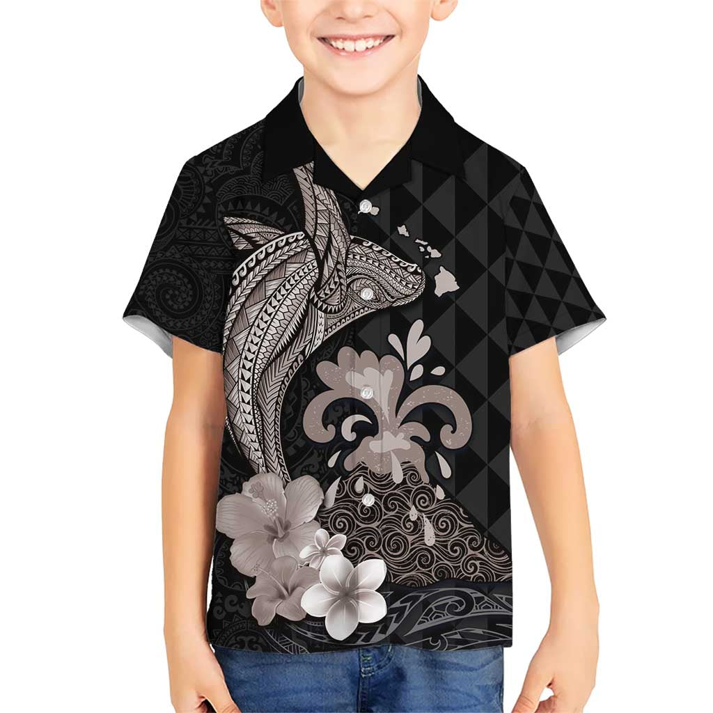 Hawaiian Whale and Volcanic Eruption Kid Hawaiian Shirt Hibiscus and Kakau Pattern Grayscale Color LT03 Kid Black - Polynesian Pride