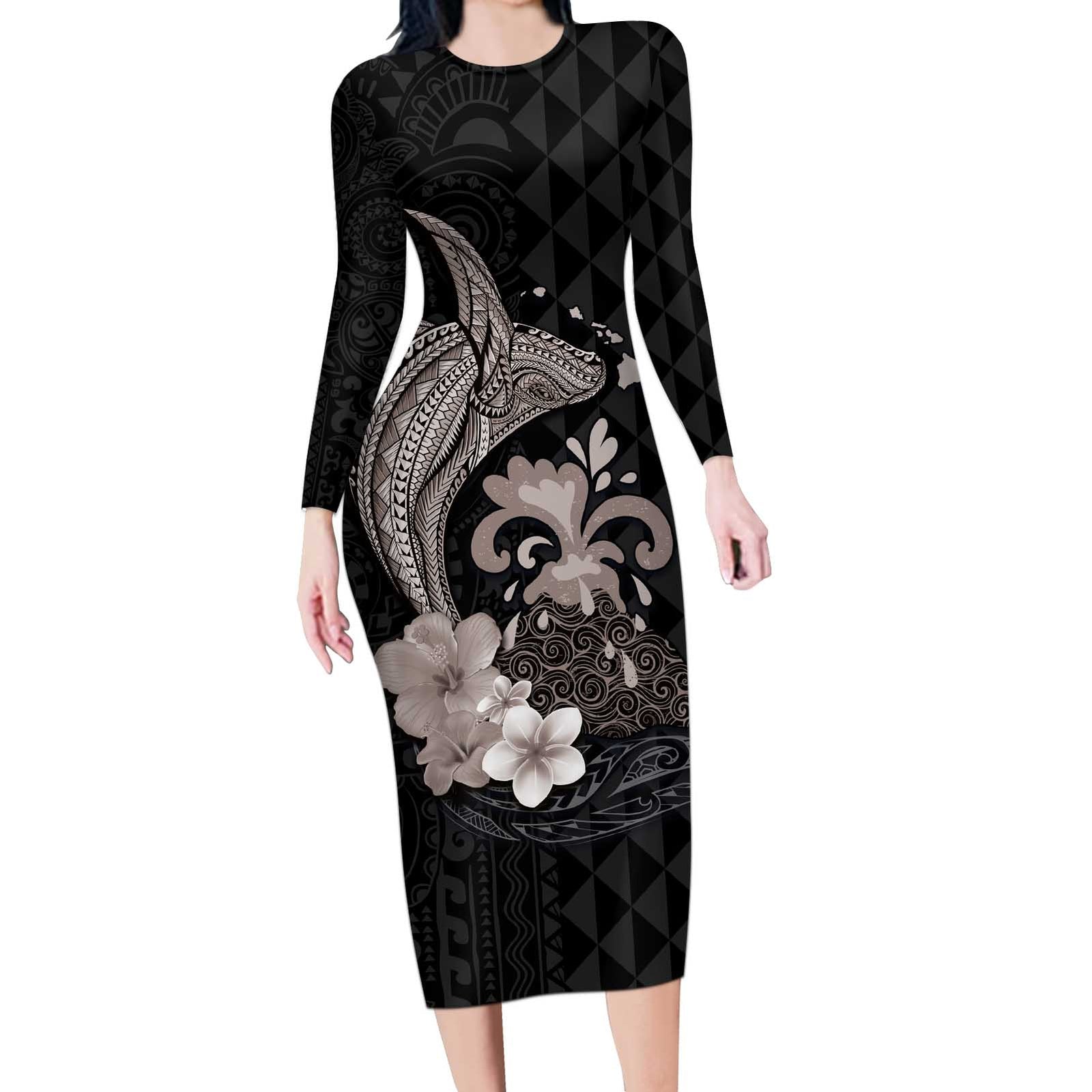 Hawaiian Whale and Volcanic Eruption Long Sleeve Bodycon Dress Hibiscus and Kakau Pattern Grayscale Color LT03 Long Dress Black - Polynesian Pride