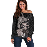 Hawaiian Whale and Volcanic Eruption Off Shoulder Sweater Hibiscus and Kakau Pattern Grayscale Color LT03 Women Black - Polynesian Pride