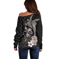Hawaiian Whale and Volcanic Eruption Off Shoulder Sweater Hibiscus and Kakau Pattern Grayscale Color LT03 - Polynesian Pride
