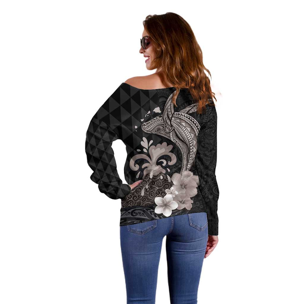 Hawaiian Whale and Volcanic Eruption Off Shoulder Sweater Hibiscus and Kakau Pattern Grayscale Color LT03 - Polynesian Pride