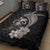 Hawaiian Whale and Volcanic Eruption Quilt Bed Set Hibiscus and Kakau Pattern Grayscale Color