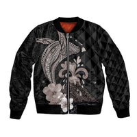 Hawaiian Whale and Volcanic Eruption Sleeve Zip Bomber Jacket Hibiscus and Kakau Pattern Grayscale Color LT03 Unisex Black - Polynesian Pride