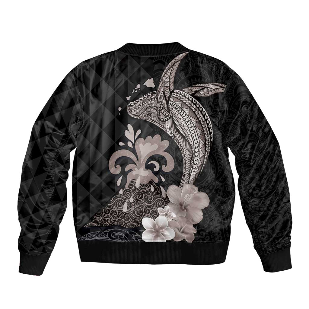 Hawaiian Whale and Volcanic Eruption Sleeve Zip Bomber Jacket Hibiscus and Kakau Pattern Grayscale Color LT03 - Polynesian Pride