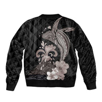 Hawaiian Whale and Volcanic Eruption Sleeve Zip Bomber Jacket Hibiscus and Kakau Pattern Grayscale Color LT03 - Polynesian Pride