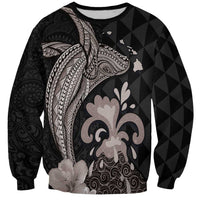 Hawaiian Whale and Volcanic Eruption Sweatshirt Hibiscus and Kakau Pattern Grayscale Color LT03 Unisex Black - Polynesian Pride