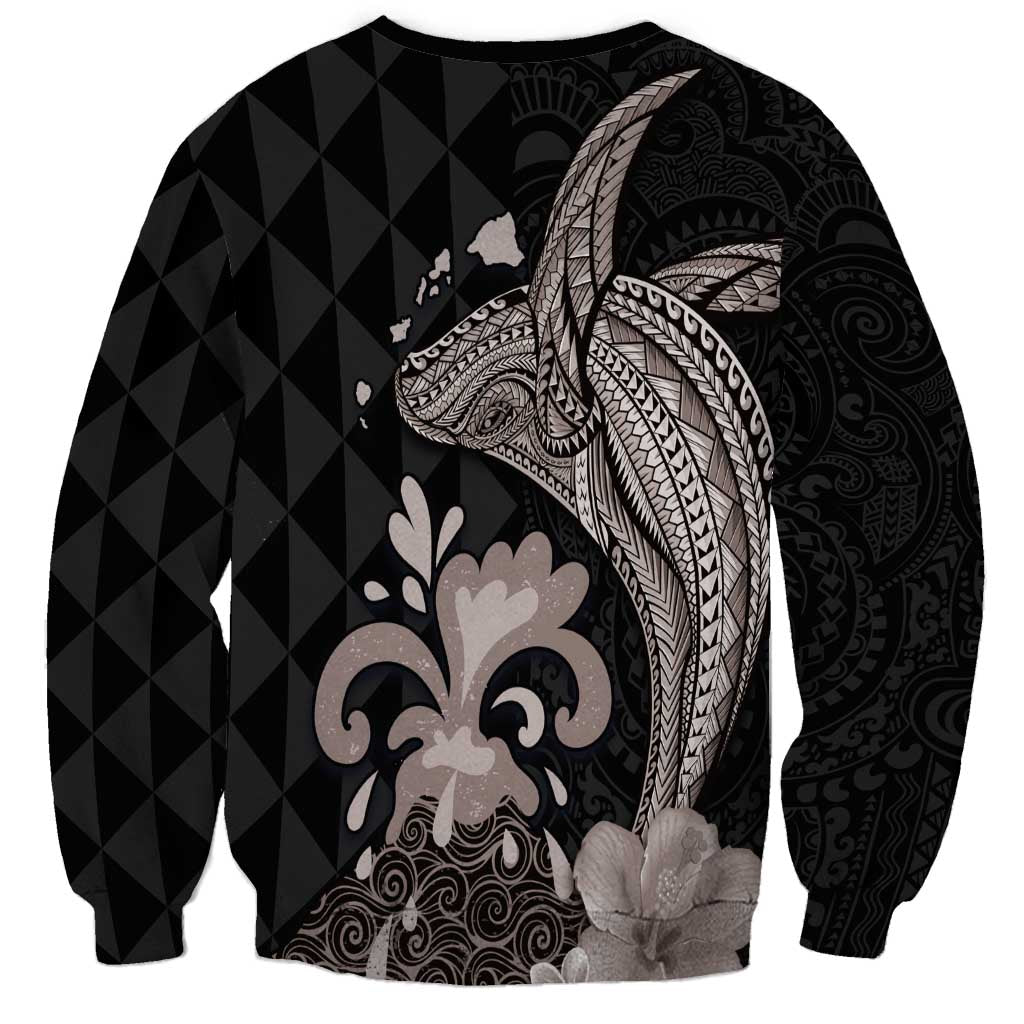 Hawaiian Whale and Volcanic Eruption Sweatshirt Hibiscus and Kakau Pattern Grayscale Color LT03 - Polynesian Pride