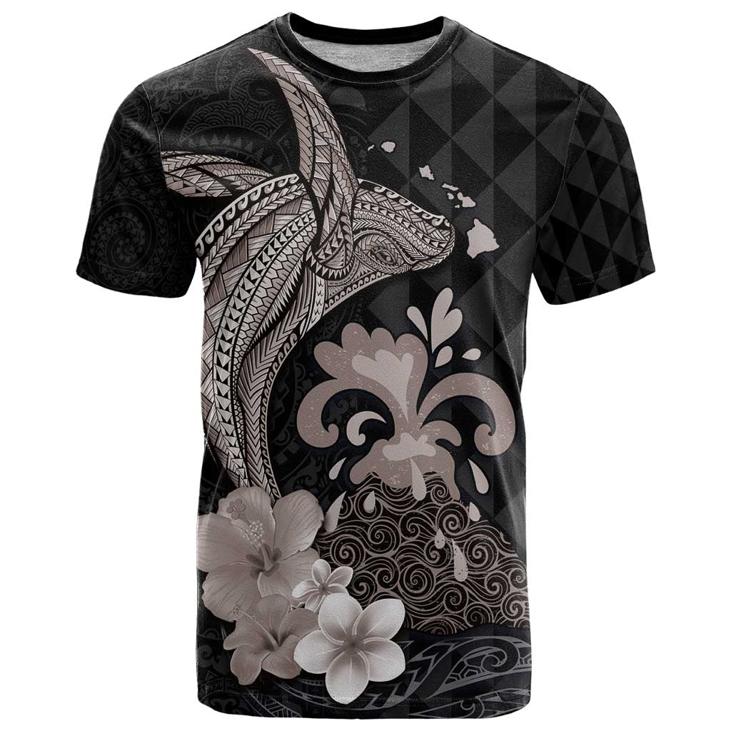 Hawaiian Whale and Volcanic Eruption T Shirt Hibiscus and Kakau Pattern Grayscale Color LT03 Black - Polynesian Pride