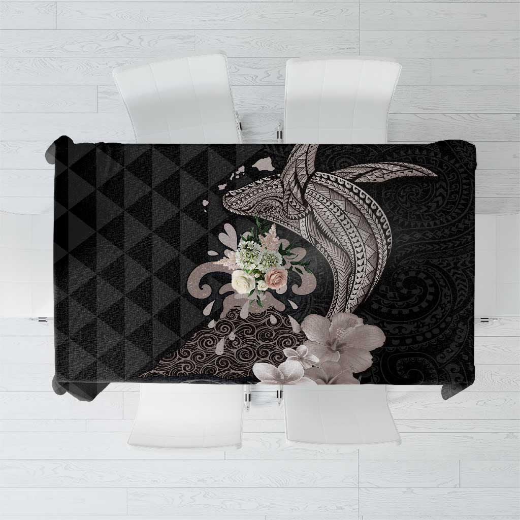 Hawaiian Whale and Volcanic Eruption Tablecloth Hibiscus and Kakau Pattern Grayscale Color LT03 Black - Polynesian Pride
