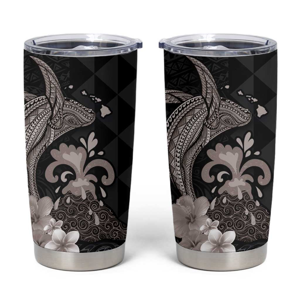 Hawaiian Whale and Volcanic Eruption Tumbler Cup Hibiscus and Kakau Pattern Grayscale Color LT03 Black - Polynesian Pride