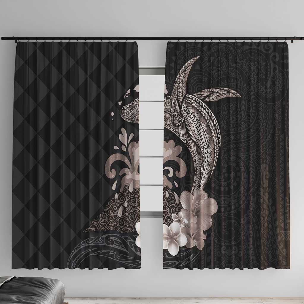 Hawaiian Whale and Volcanic Eruption Window Curtain Hibiscus and Kakau Pattern Grayscale Color LT03 With Hooks Black - Polynesian Pride