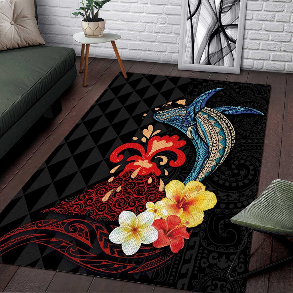 Hawaiian Whale and Volcanic Eruption Area Rug Hibiscus and Kakau Pattern LT03 Black - Polynesian Pride