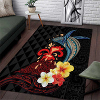 Hawaiian Whale and Volcanic Eruption Area Rug Hibiscus and Kakau Pattern LT03 Black - Polynesian Pride
