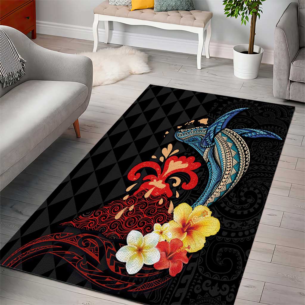 Hawaiian Whale and Volcanic Eruption Area Rug Hibiscus and Kakau Pattern LT03 - Polynesian Pride