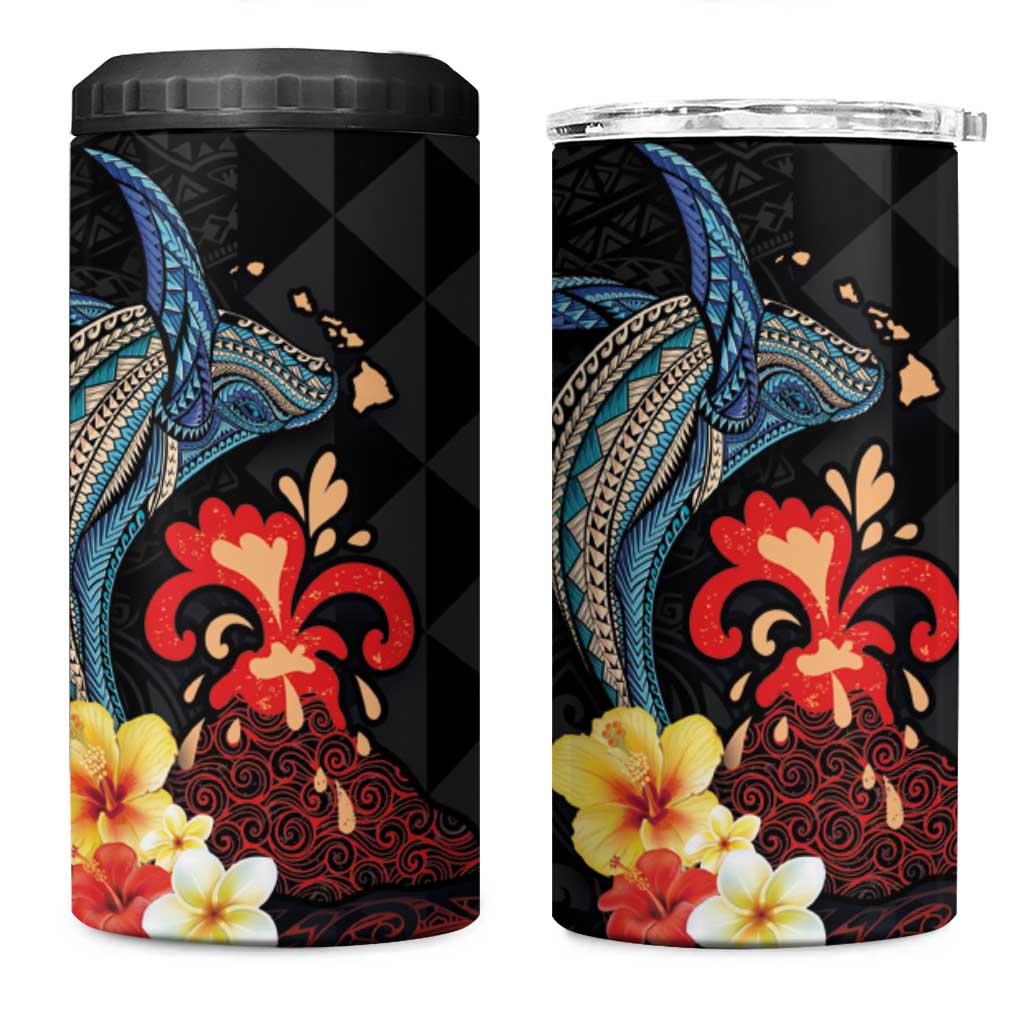 Hawaiian Whale and Volcanic Eruption 4 in 1 Can Cooler Tumbler Hibiscus and Kakau Pattern LT03 One Size: 16 oz Black - Polynesian Pride