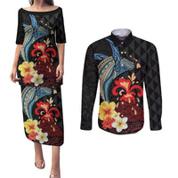Hawaiian Whale and Volcanic Eruption Couples Matching Puletasi and Long Sleeve Button Shirt Hibiscus and Kakau Pattern LT03 Black - Polynesian Pride