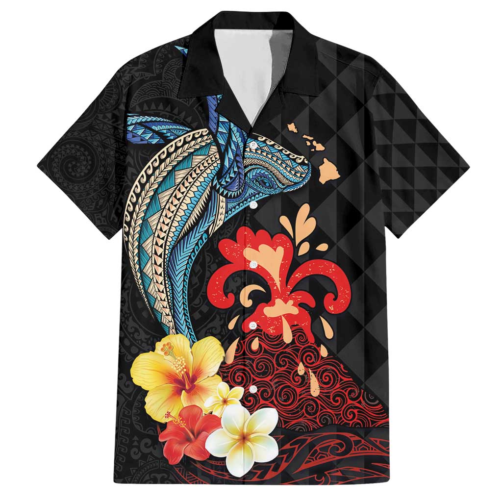 Hawaiian Whale and Volcanic Eruption Hawaiian Shirt Hibiscus and Kakau Pattern LT03 Black - Polynesian Pride