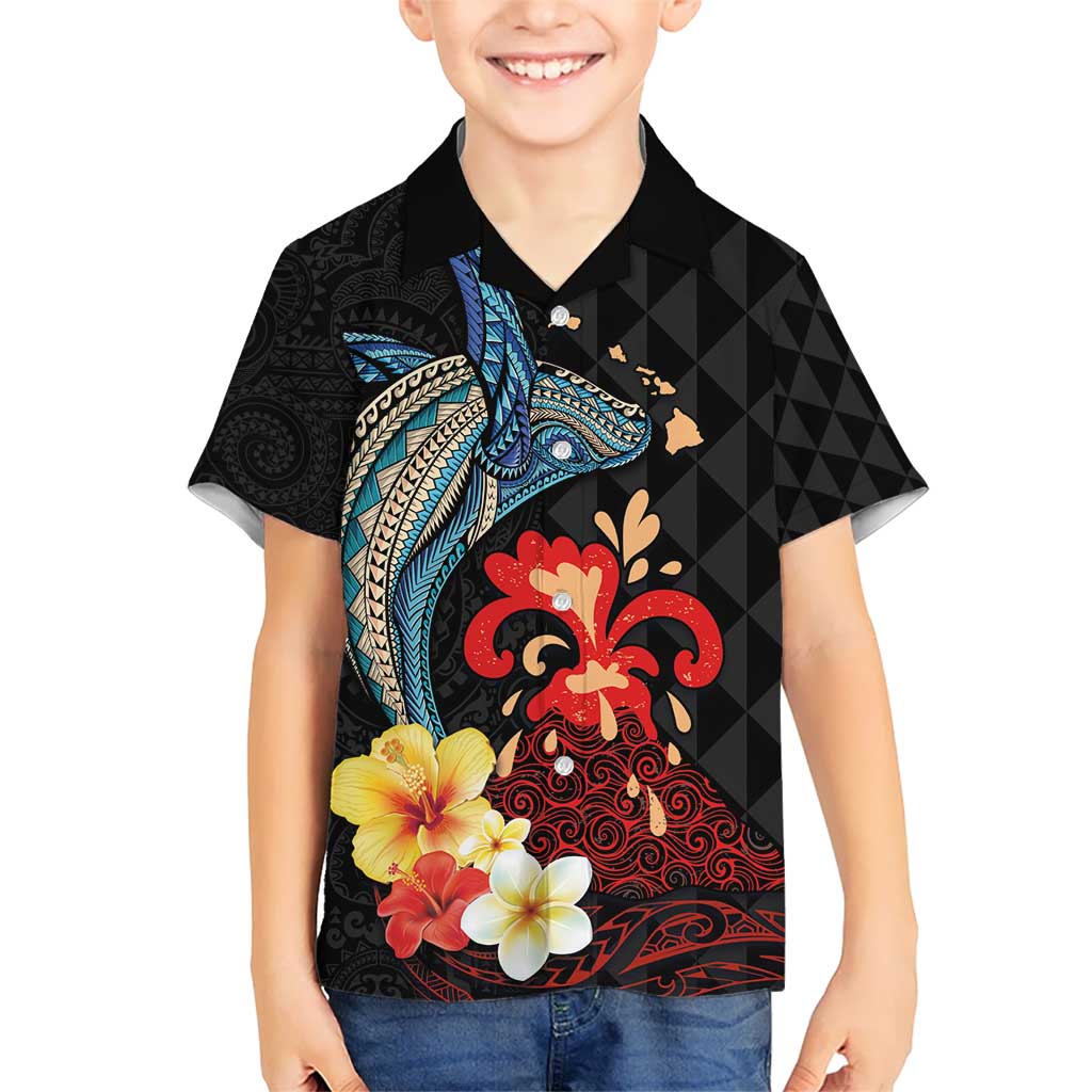 Hawaiian Whale and Volcanic Eruption Kid Hawaiian Shirt Hibiscus and Kakau Pattern LT03 Kid Black - Polynesian Pride