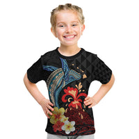 Hawaiian Whale and Volcanic Eruption Kid T Shirt Hibiscus and Kakau Pattern LT03 Black - Polynesian Pride