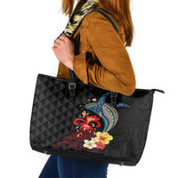 Hawaiian Whale and Volcanic Eruption Leather Tote Bag Hibiscus and Kakau Pattern LT03 Black - Polynesian Pride