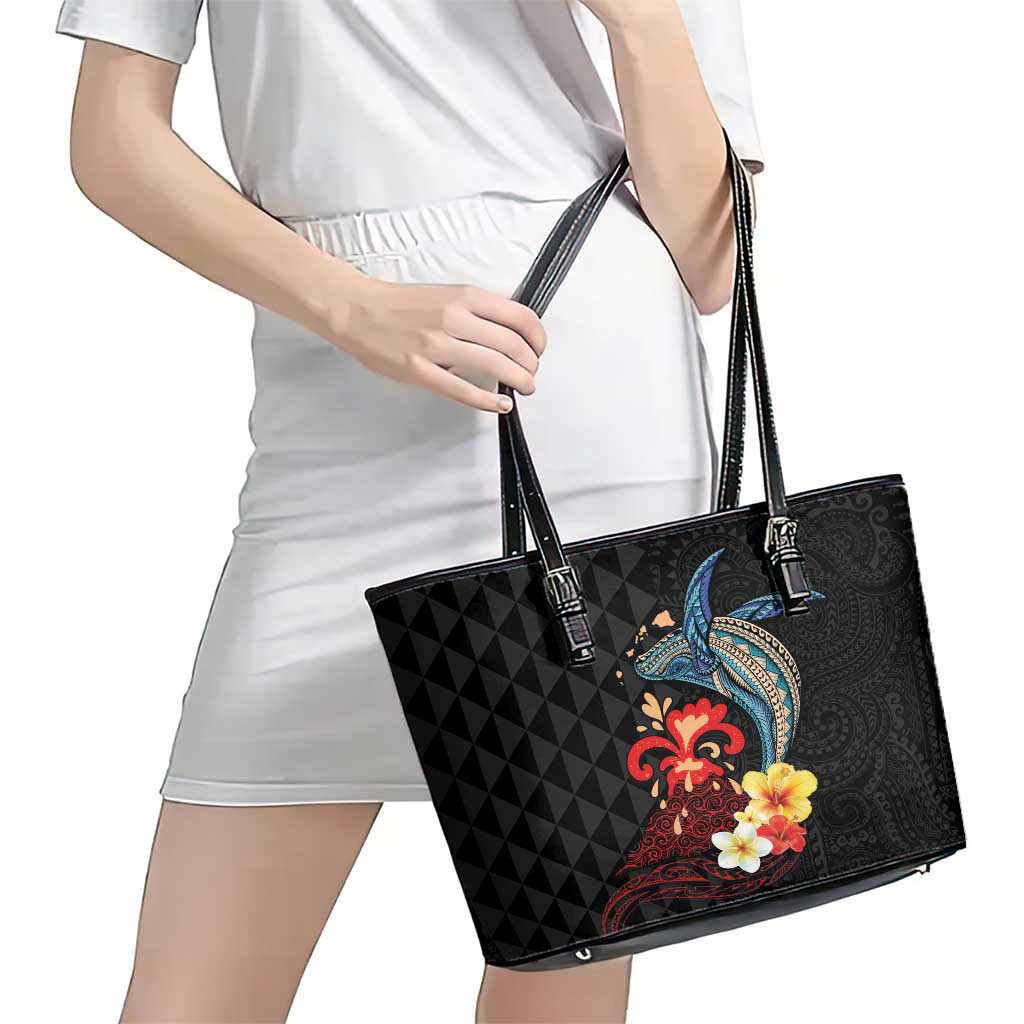 Hawaiian Whale and Volcanic Eruption Leather Tote Bag Hibiscus and Kakau Pattern LT03 - Polynesian Pride