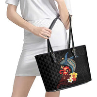 Hawaiian Whale and Volcanic Eruption Leather Tote Bag Hibiscus and Kakau Pattern LT03 - Polynesian Pride