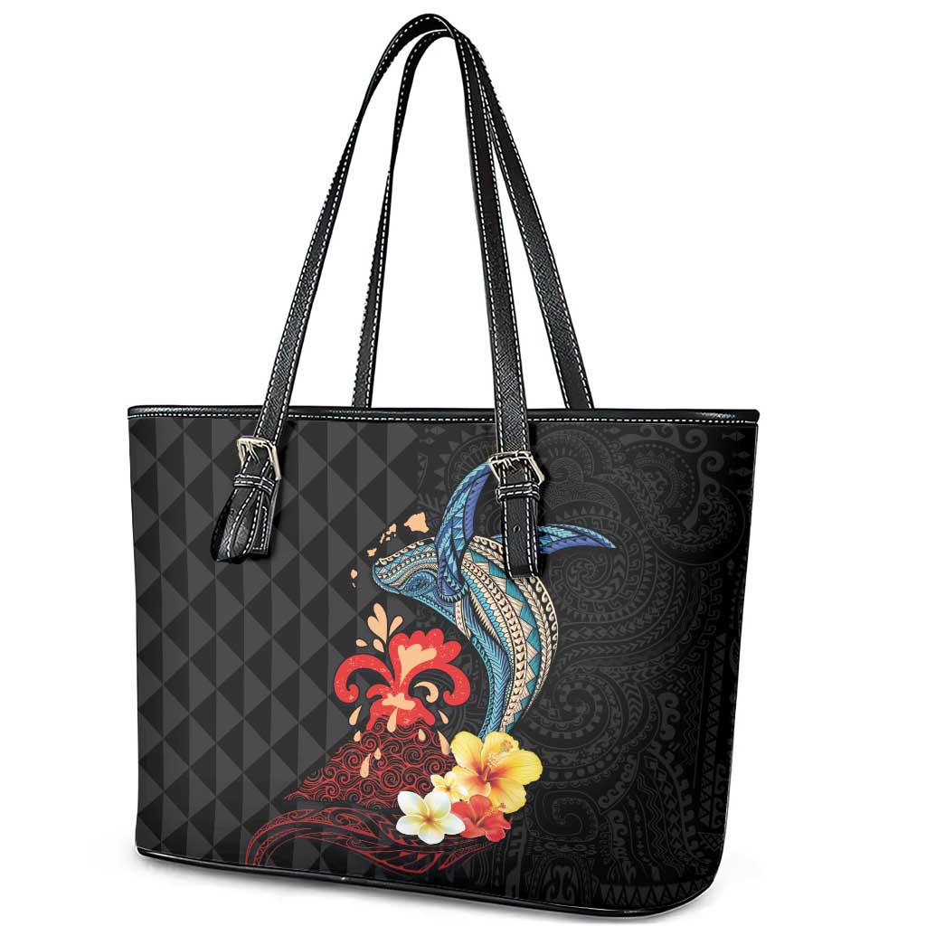 Hawaiian Whale and Volcanic Eruption Leather Tote Bag Hibiscus and Kakau Pattern LT03 - Polynesian Pride