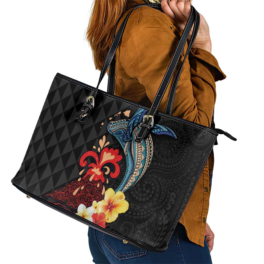 Hawaiian Whale and Volcanic Eruption Leather Tote Bag Hibiscus and Kakau Pattern LT03 - Polynesian Pride