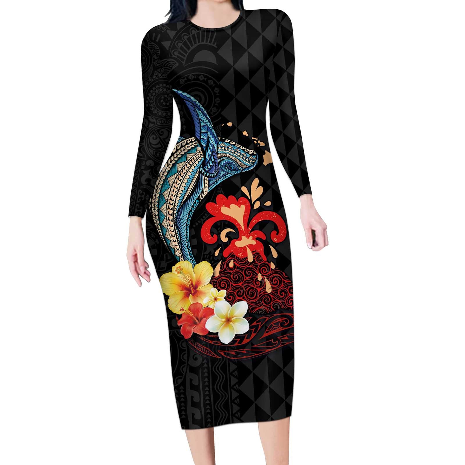 Hawaiian Whale and Volcanic Eruption Long Sleeve Bodycon Dress Hibiscus and Kakau Pattern LT03 Long Dress Black - Polynesian Pride