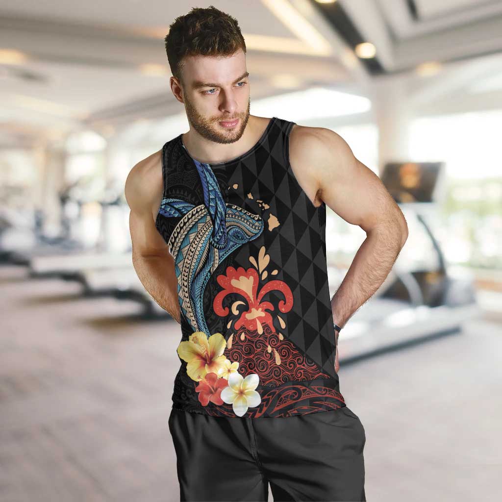 Hawaiian Whale and Volcanic Eruption Men Tank Top Hibiscus and Kakau Pattern LT03 Black - Polynesian Pride