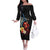 Hawaiian Whale and Volcanic Eruption Off The Shoulder Long Sleeve Dress Hibiscus and Kakau Pattern