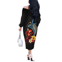 Hawaiian Whale and Volcanic Eruption Off The Shoulder Long Sleeve Dress Hibiscus and Kakau Pattern LT03 - Polynesian Pride