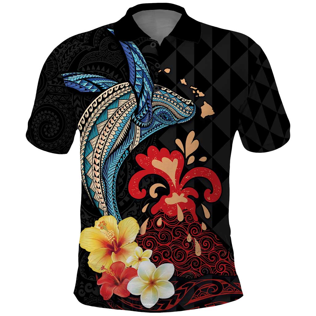 Hawaiian Whale and Volcanic Eruption Polo Shirt Hibiscus and Kakau Pattern LT03 Black - Polynesian Pride