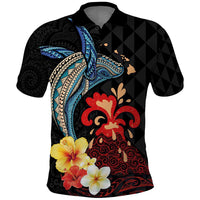 Hawaiian Whale and Volcanic Eruption Polo Shirt Hibiscus and Kakau Pattern LT03 Black - Polynesian Pride