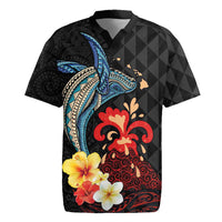 Hawaiian Whale and Volcanic Eruption Rugby Jersey Hibiscus and Kakau Pattern LT03 Black - Polynesian Pride